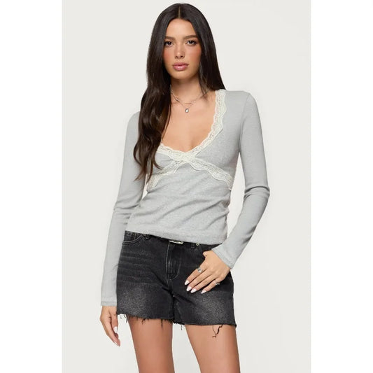Dotlune Ribbed Crop Top — Lace-Trim Softness Meets Y2K Edge